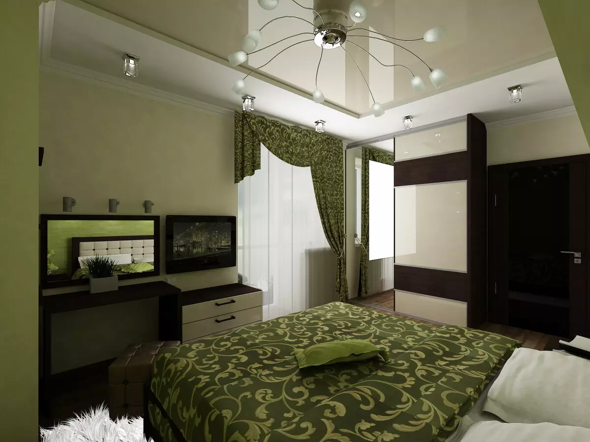חדר שינה בצלילים ירוקים (79 תמונות): טפט כהה בעיצוב פנים. איזה וילונות ומיטה מתאימים לחדר סלט? איך הם קירות אמרלד בשילוב עם גוונים לבנים ובז '? 9876_32
