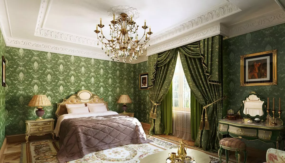 Schlafzimmer in grünen Tönen (79 Fotos): Dunkle Tapete im Innendesign. Welche Vorhänge und Bettdecken eignen sich für einen Salatraum? Wie sind Smaragdwände mit weißen und beige Farbtönen kombiniert? 9876_36