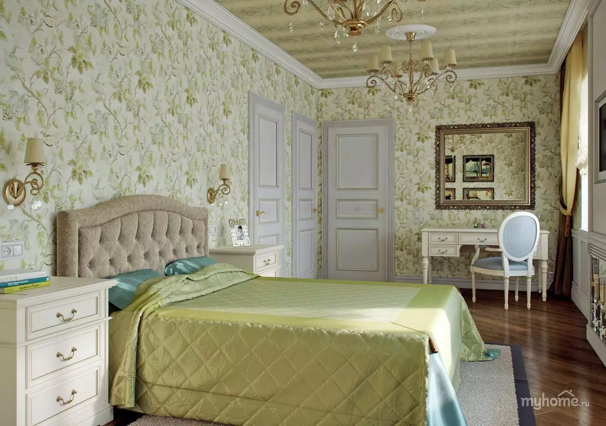 חדר שינה בצלילים ירוקים (79 תמונות): טפט כהה בעיצוב פנים. איזה וילונות ומיטה מתאימים לחדר סלט? איך הם קירות אמרלד בשילוב עם גוונים לבנים ובז '? 9876_38