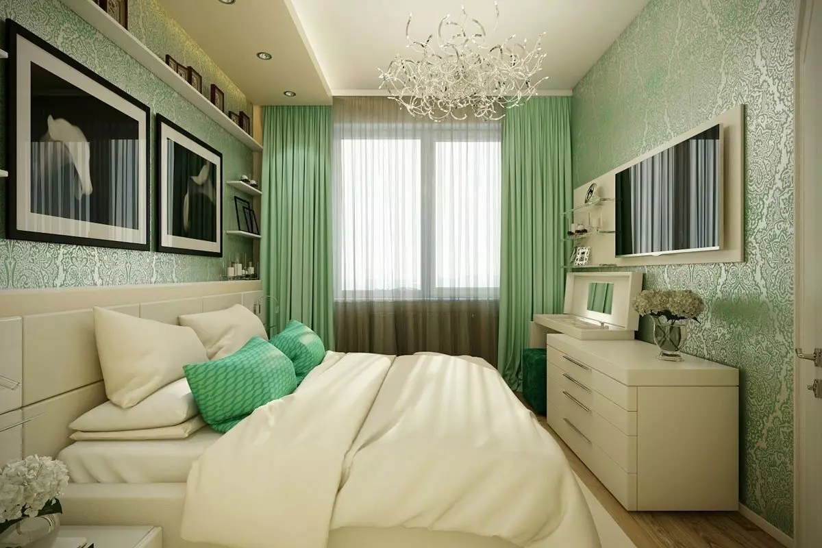 Soveværelse i grønne toner (79 billeder): Mørk tapet i indretning. Hvilke gardiner og sengetæpper er egnede til et salatrum? Hvordan er smaragdvægge kombineret med hvide og beige nuancer? 9876_4