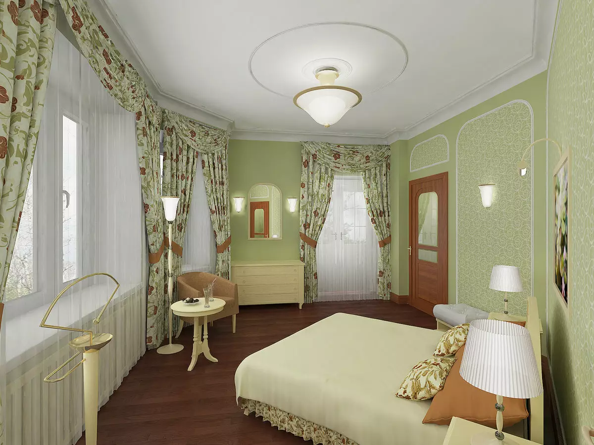 綠色色調的臥室（79張照片）：室內設計的黑暗壁紙。什麼窗簾和床罩適合沙拉室？翡翠牆如何與白色和米色陰影結合？ 9876_40