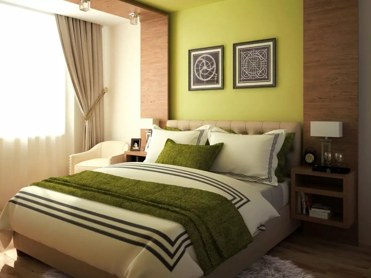 綠色色調的臥室（79張照片）：室內設計的黑暗壁紙。什麼窗簾和床罩適合沙拉室？翡翠牆如何與白色和米色陰影結合？ 9876_41