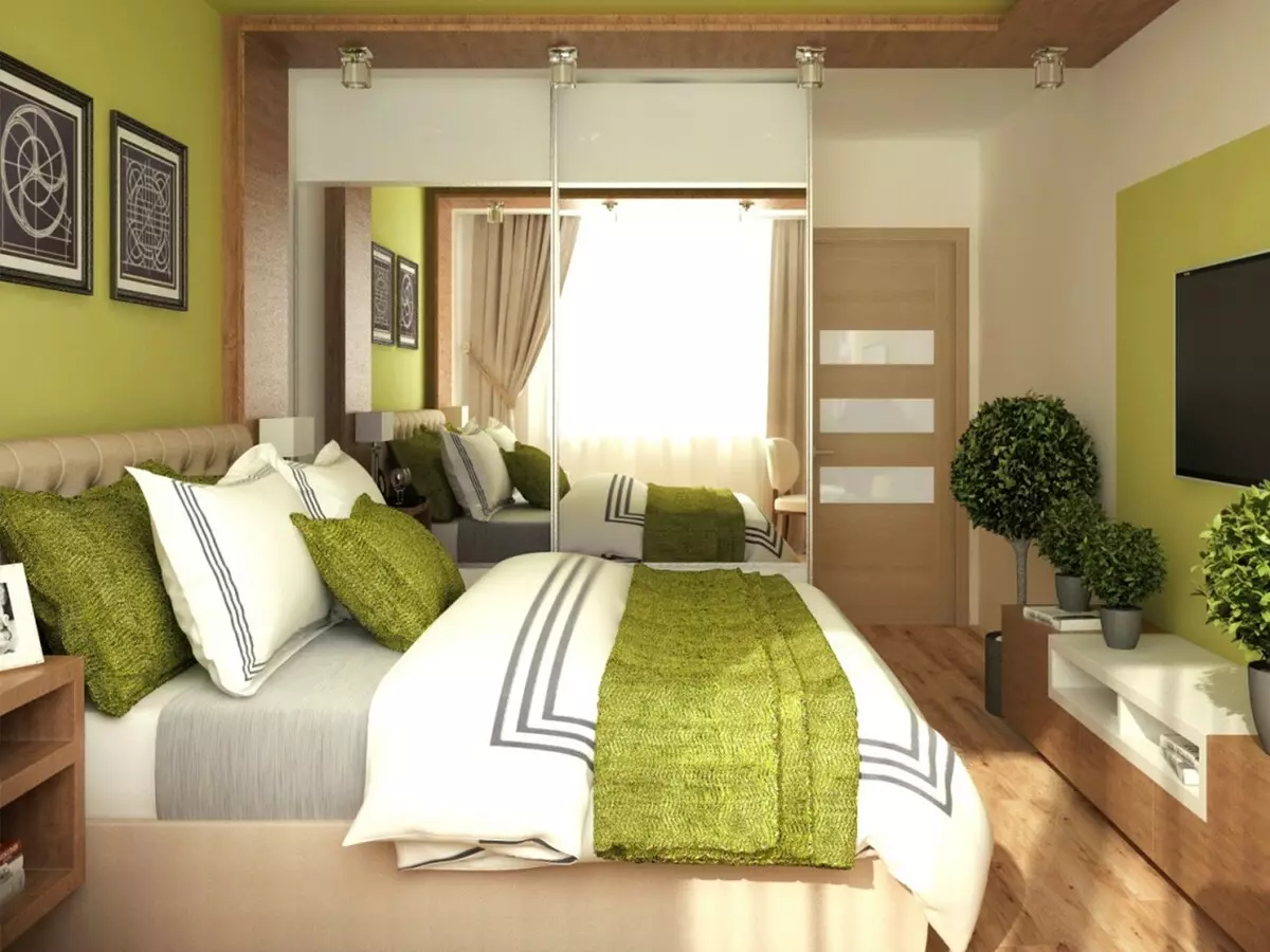 საძინებელი მწვანე ტონებში (79 ფოტო): მუქი ფონი ინტერიერის დიზაინით. რა ფარდები და bedspreads განკუთვნილია სალათი ოთახი? როგორ არის Emerald კედლები ერთად თეთრი და beige shades? 9876_42