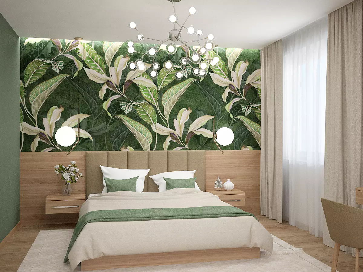 חדר שינה בצלילים ירוקים (79 תמונות): טפט כהה בעיצוב פנים. איזה וילונות ומיטה מתאימים לחדר סלט? איך הם קירות אמרלד בשילוב עם גוונים לבנים ובז '? 9876_43