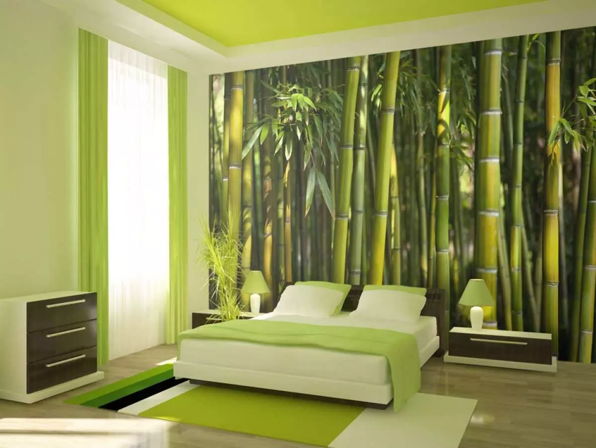 Спалнята в нюанси на зелено (79 снимки): тапети тъмни цветове в интериорния дизайн. Какви са пердета и покривки за легло са подходящи за светло зелено стая? Подобно на стената изумрудено комбинира с бяло и нюанси на бежовото? 9876_44