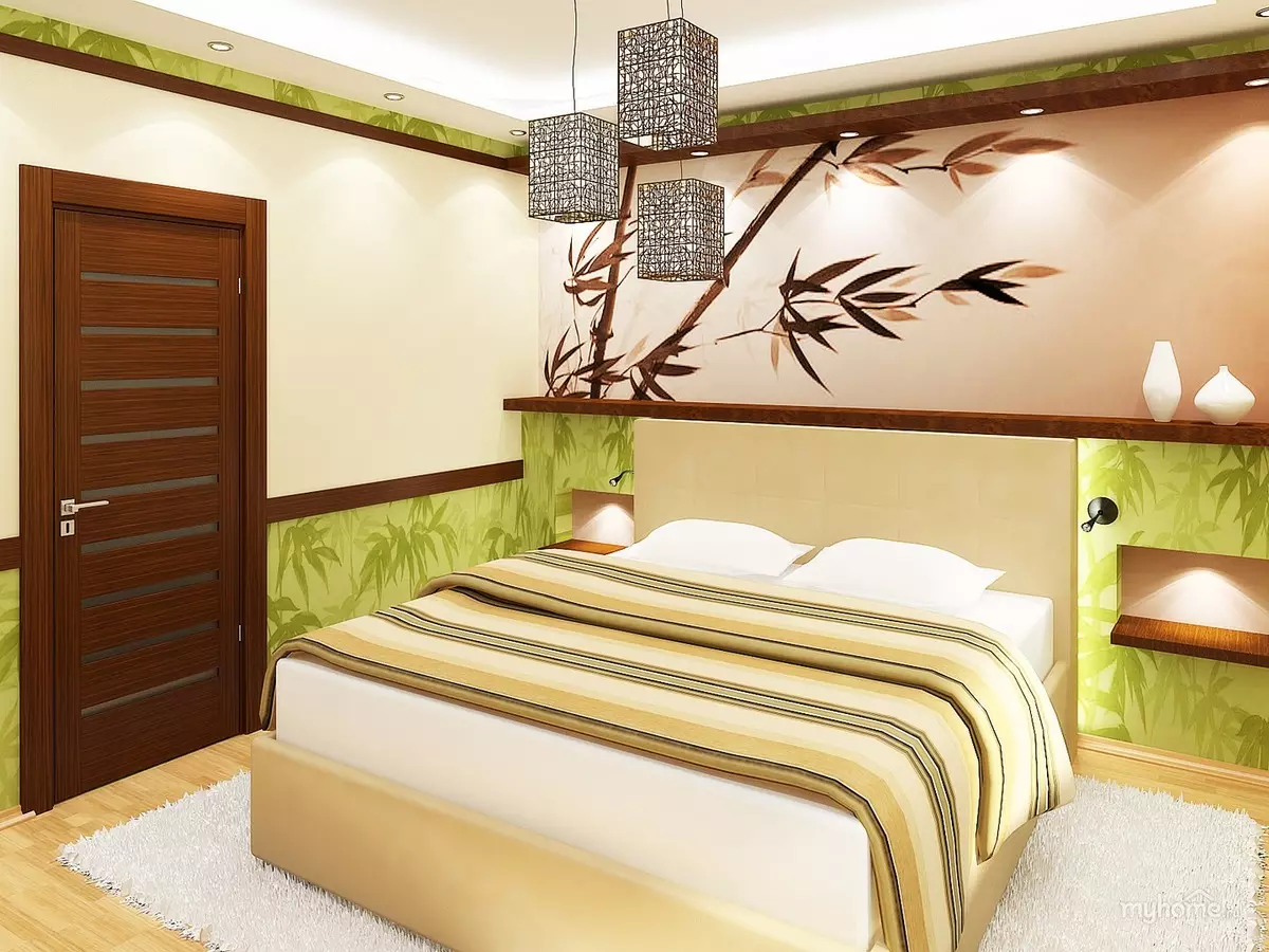 Soveværelse i grønne toner (79 billeder): Mørk tapet i indretning. Hvilke gardiner og sengetæpper er egnede til et salatrum? Hvordan er smaragdvægge kombineret med hvide og beige nuancer? 9876_46