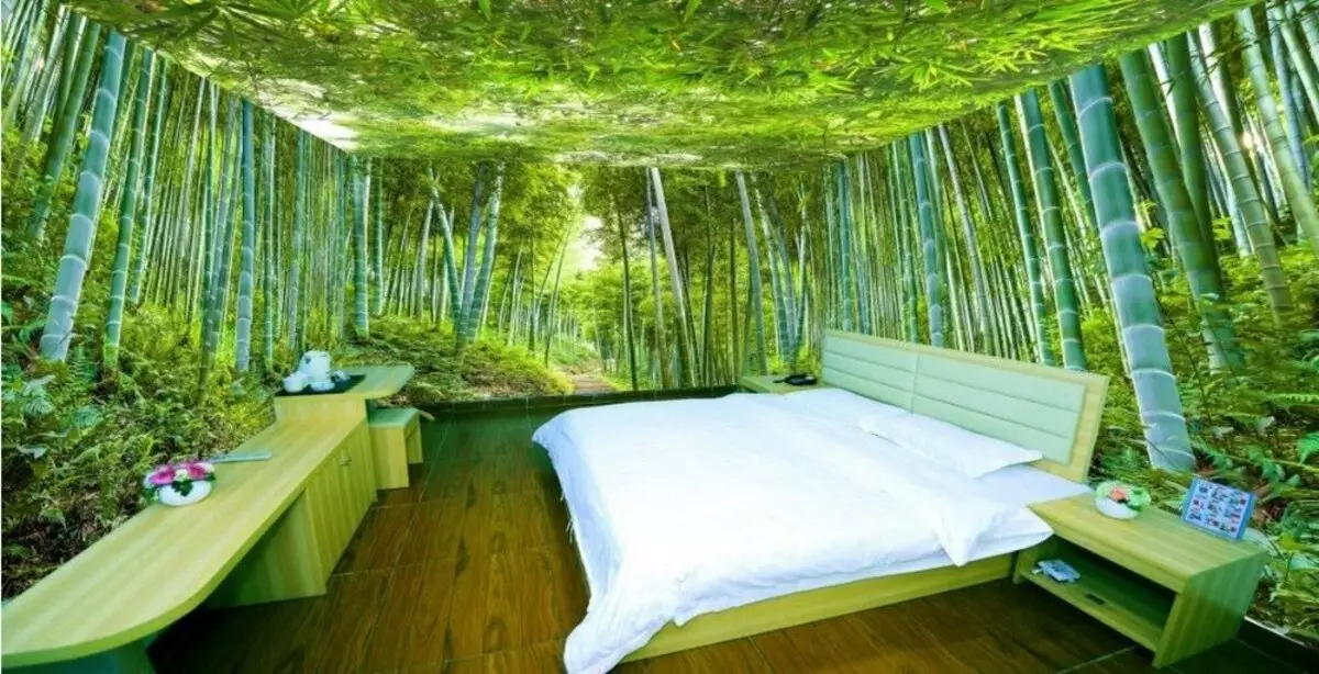 Chambre dans des tons verts (79 photos): papier peint noir dans la conception d'intérieur. Quels rideaux et quelles couvre-lit conviennent à une salle de salade? Comment les murs émerautés sont-ils combinés avec des nuances blanches et beiges? 9876_49