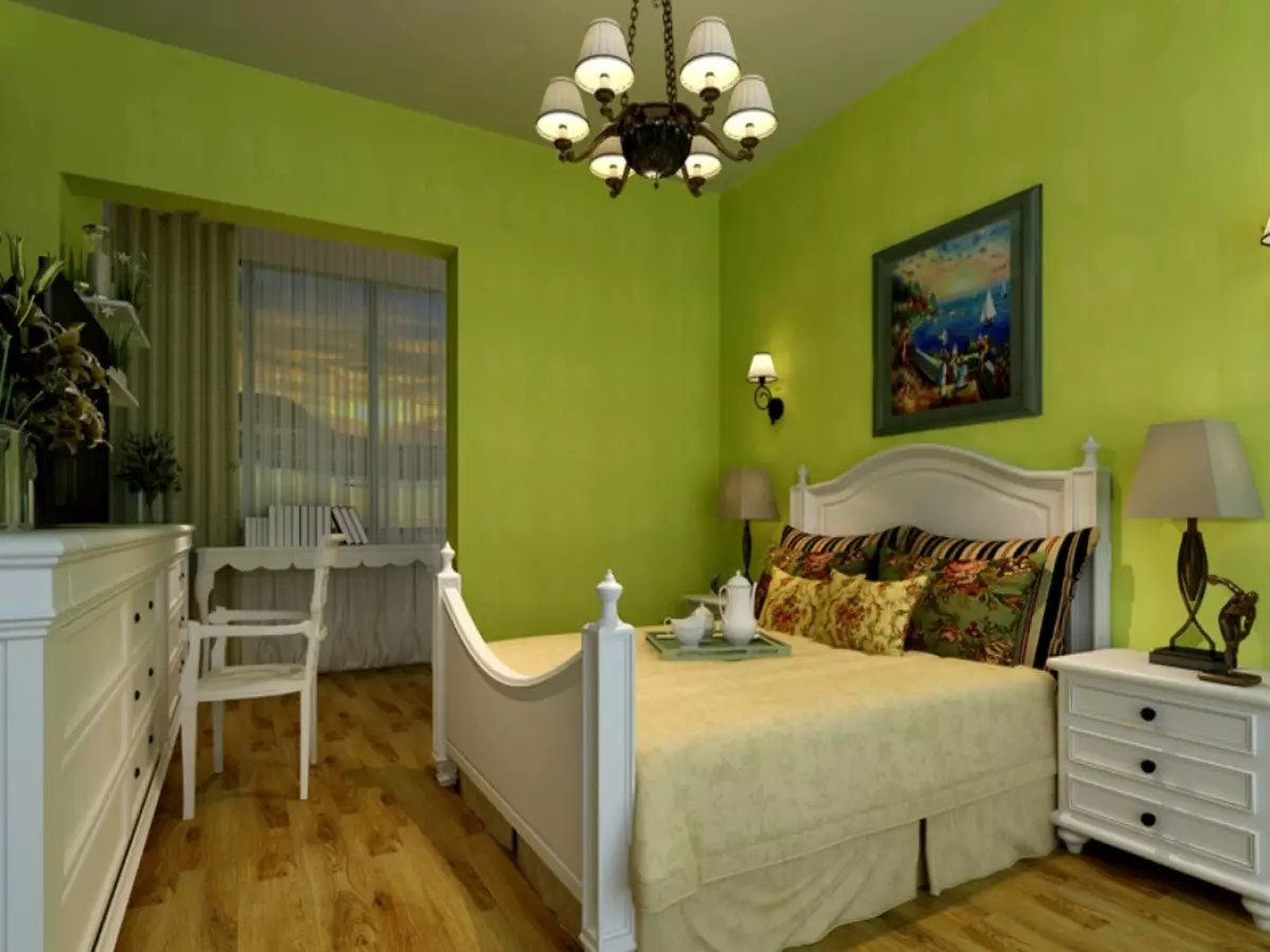 Спалнята в нюанси на зелено (79 снимки): тапети тъмни цветове в интериорния дизайн. Какви са пердета и покривки за легло са подходящи за светло зелено стая? Подобно на стената изумрудено комбинира с бяло и нюанси на бежовото? 9876_5