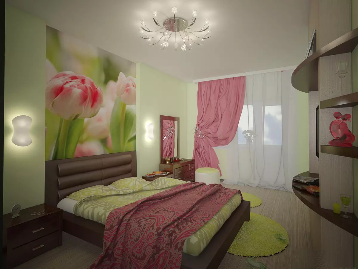綠色色調的臥室（79張照片）：室內設計的黑暗壁紙。什麼窗簾和床罩適合沙拉室？翡翠牆如何與白色和米色陰影結合？ 9876_51