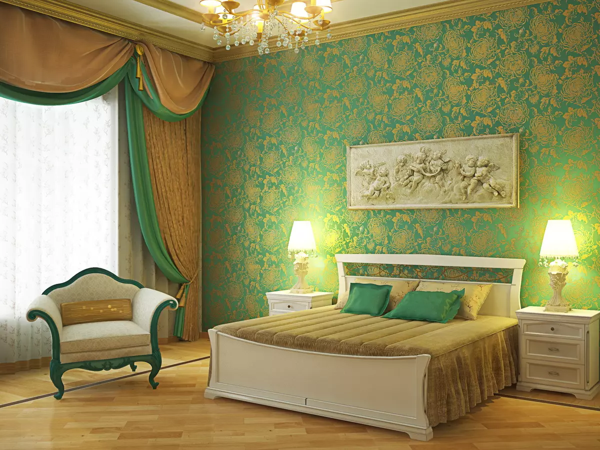 Спаваћа соба у зеленим тоновима (79 фотографија): Тамна позадина у дизајну ентеријера. Које завесе и прекривачи су погодни за собу са салатом? Како су смарагдни зидови у комбинацији са белим и беж нијансама? 9876_53