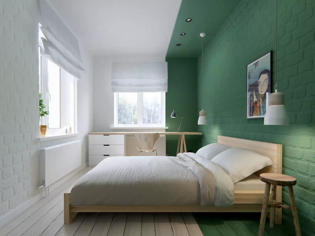 綠色色調的臥室（79張照片）：室內設計的黑暗壁紙。什麼窗簾和床罩適合沙拉室？翡翠牆如何與白色和米色陰影結合？ 9876_57
