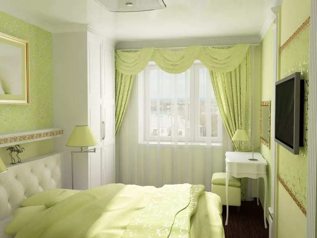 Спалнята в нюанси на зелено (79 снимки): тапети тъмни цветове в интериорния дизайн. Какви са пердета и покривки за легло са подходящи за светло зелено стая? Подобно на стената изумрудено комбинира с бяло и нюанси на бежовото? 9876_64