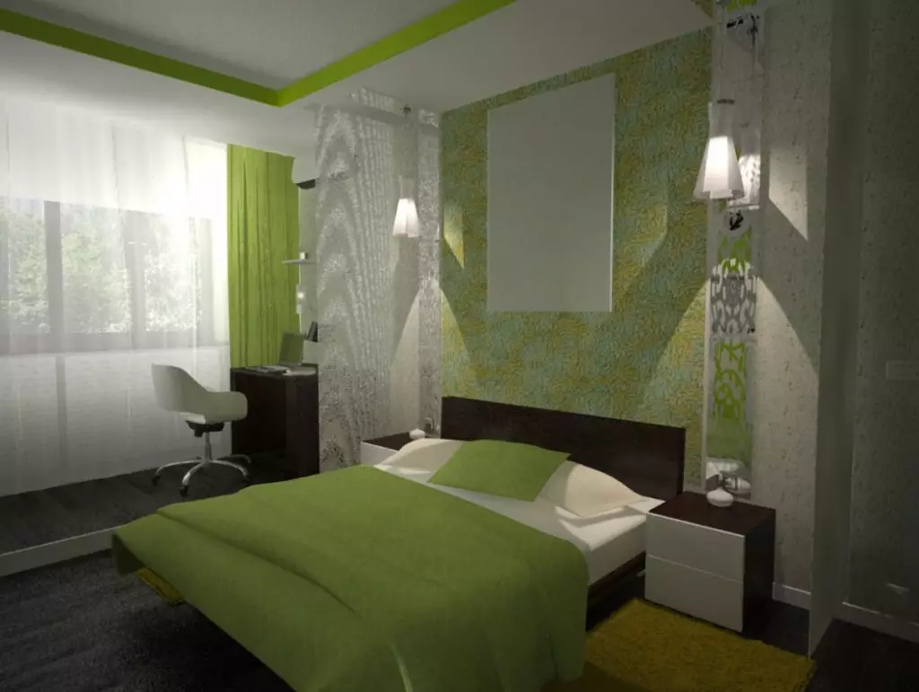 녹색 톤 (79 사진)의 침실 : 인테리어 디자인의 어두운 벽지. 어떤 커튼과 침대가 샐러드 룸에 적합합니까? 에메랄드 벽은 흰색과 베이지 색조와 어떻게 결합되어 있습니까? 9876_73
