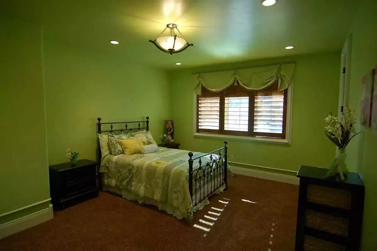 Guļamistaba zaļajos toņos (79 fotogrāfijas): tumšs tapetes interjera dizainā. Kādi aizkari un gultas pārklāji ir piemēroti salātu telpai? Kā smaragdas sienas apvienojumā ar baltiem un bēša toņiem? 9876_74