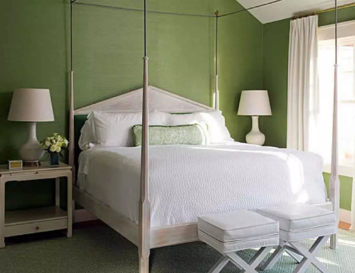 Spavaća soba u zelenim tonovima (79 slike): tamno pozadinu u dizajn interijera. Šta zavjese i pokrivači su pogodni za salatu sobu? Kako se smaragd zidovi u kombinaciji s bijelim i bež nijansama? 9876_78