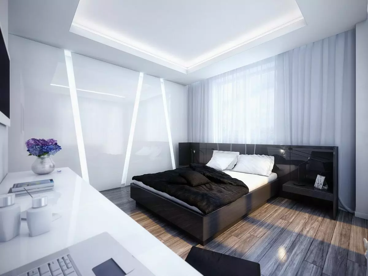 غرفة نوم أبيض وأسود (76 صورة / صور): تصميم وتصميم داخلي بألوان أبيض وأسود. ما لون الستائر والخلفيات؟ 9878_11