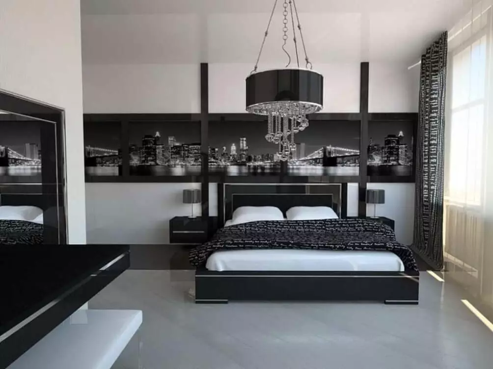 Zwart-wit slaapkamer (76 foto's): ontwerp en interieurstijlen in zwart-witte tonen. Welke kleur kan gordijnen en wallpapers? 9878_15