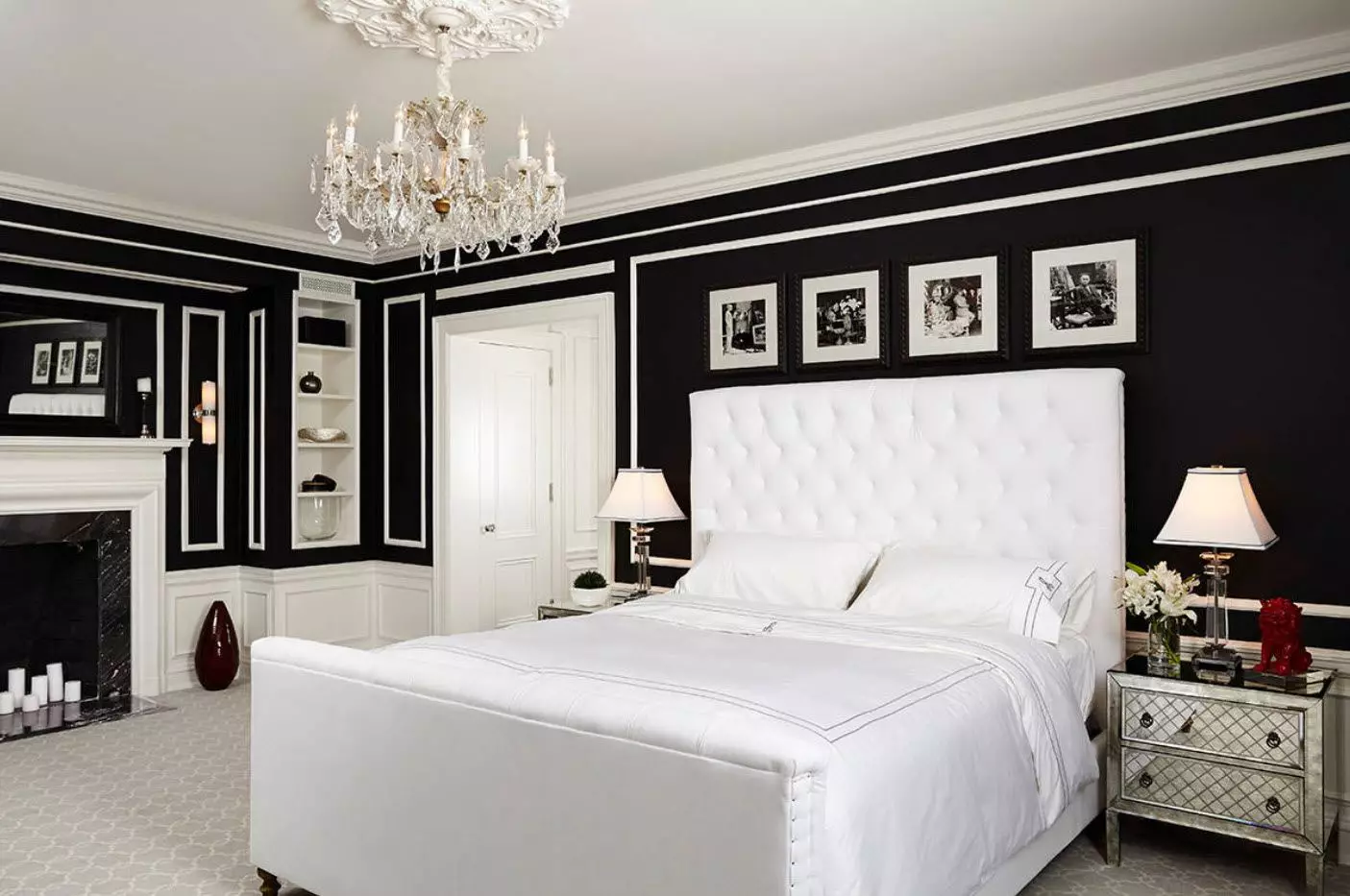 Хар ба цагаан унтлагын өрөө (76 зураг): Хар ба цагаан өнгөөр ​​загвар, дотоод засал чимэглэл. Хөшиг, ханын цаас, ямар өнгөтэй вэ? 9878_16