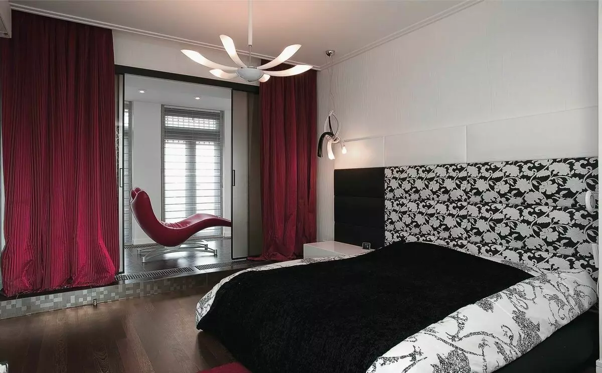 Хар ба цагаан унтлагын өрөө (76 зураг): Хар ба цагаан өнгөөр ​​загвар, дотоод засал чимэглэл. Хөшиг, ханын цаас, ямар өнгөтэй вэ? 9878_22