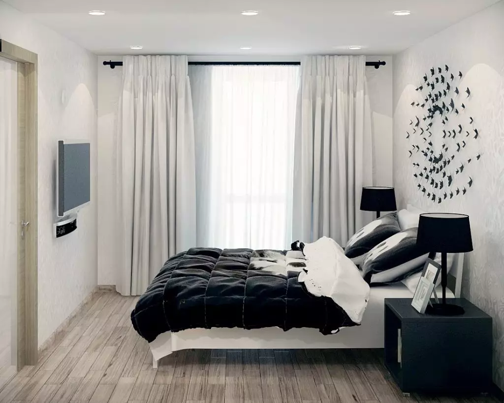 Svartvitt sovrum (76 bilder): Design och interiör stilar i svartvita toner. Vilken färg kan gardiner och bakgrundsbilder? 9878_25