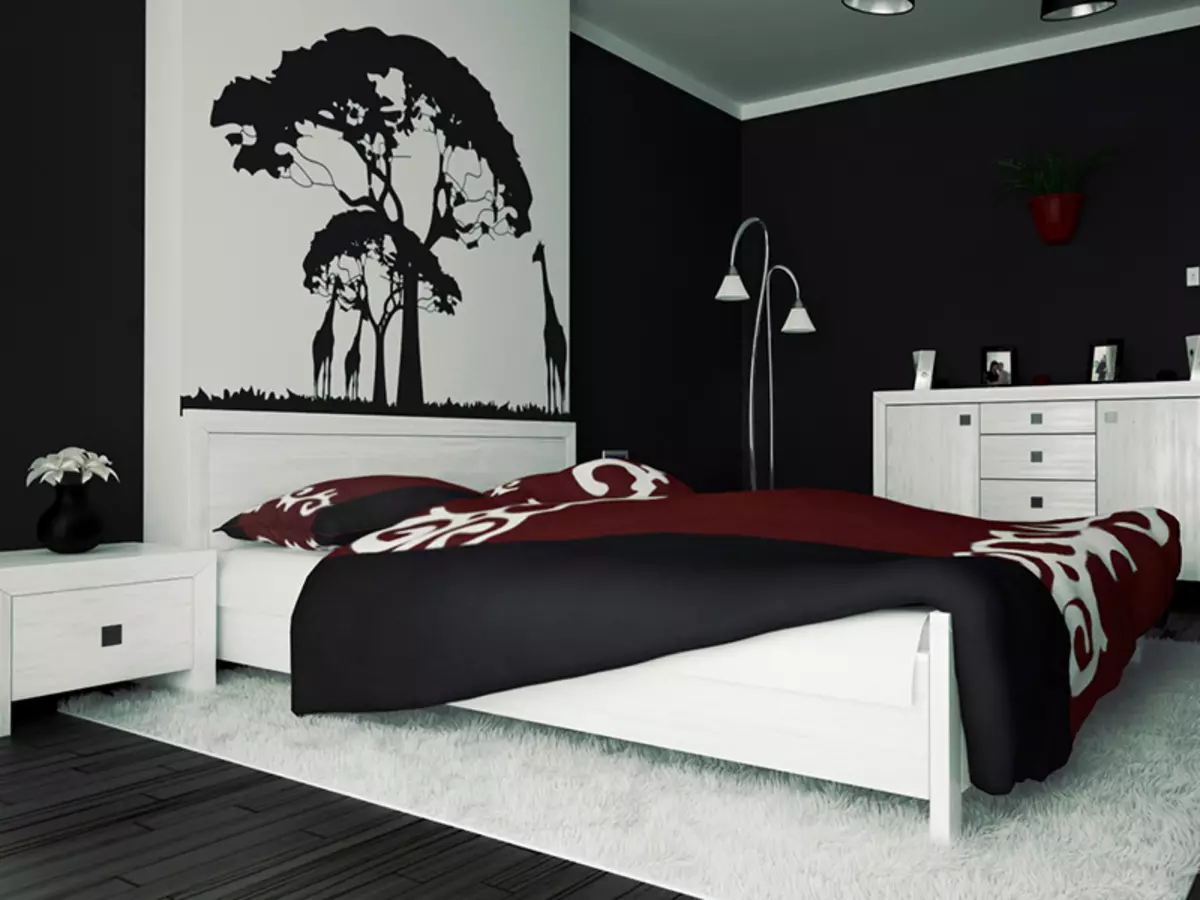 Хар ба цагаан унтлагын өрөө (76 зураг): Хар ба цагаан өнгөөр ​​загвар, дотоод засал чимэглэл. Хөшиг, ханын цаас, ямар өнгөтэй вэ? 9878_26