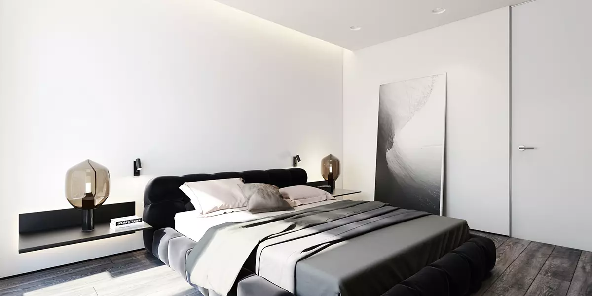 Svartvitt sovrum (76 bilder): Design och interiör stilar i svartvita toner. Vilken färg kan gardiner och bakgrundsbilder? 9878_28