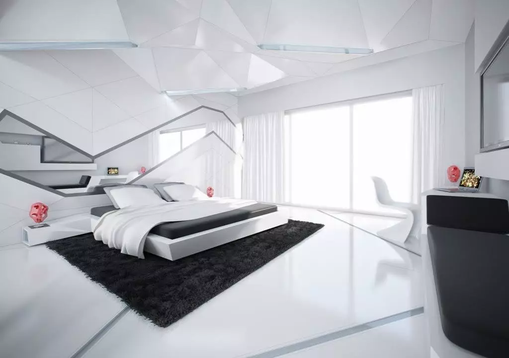 Zwart-wit slaapkamer (76 foto's): ontwerp en interieurstijlen in zwart-witte tonen. Welke kleur kan gordijnen en wallpapers? 9878_34