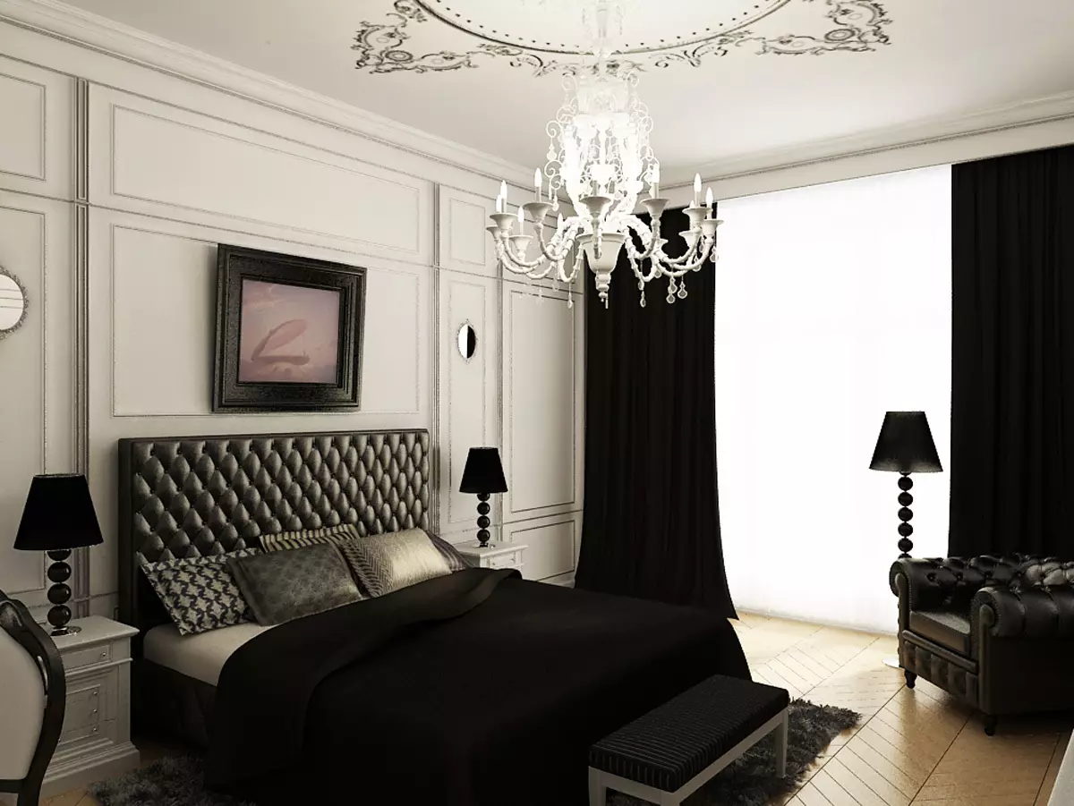 Zwart-wit slaapkamer (76 foto's): ontwerp en interieurstijlen in zwart-witte tonen. Welke kleur kan gordijnen en wallpapers? 9878_36