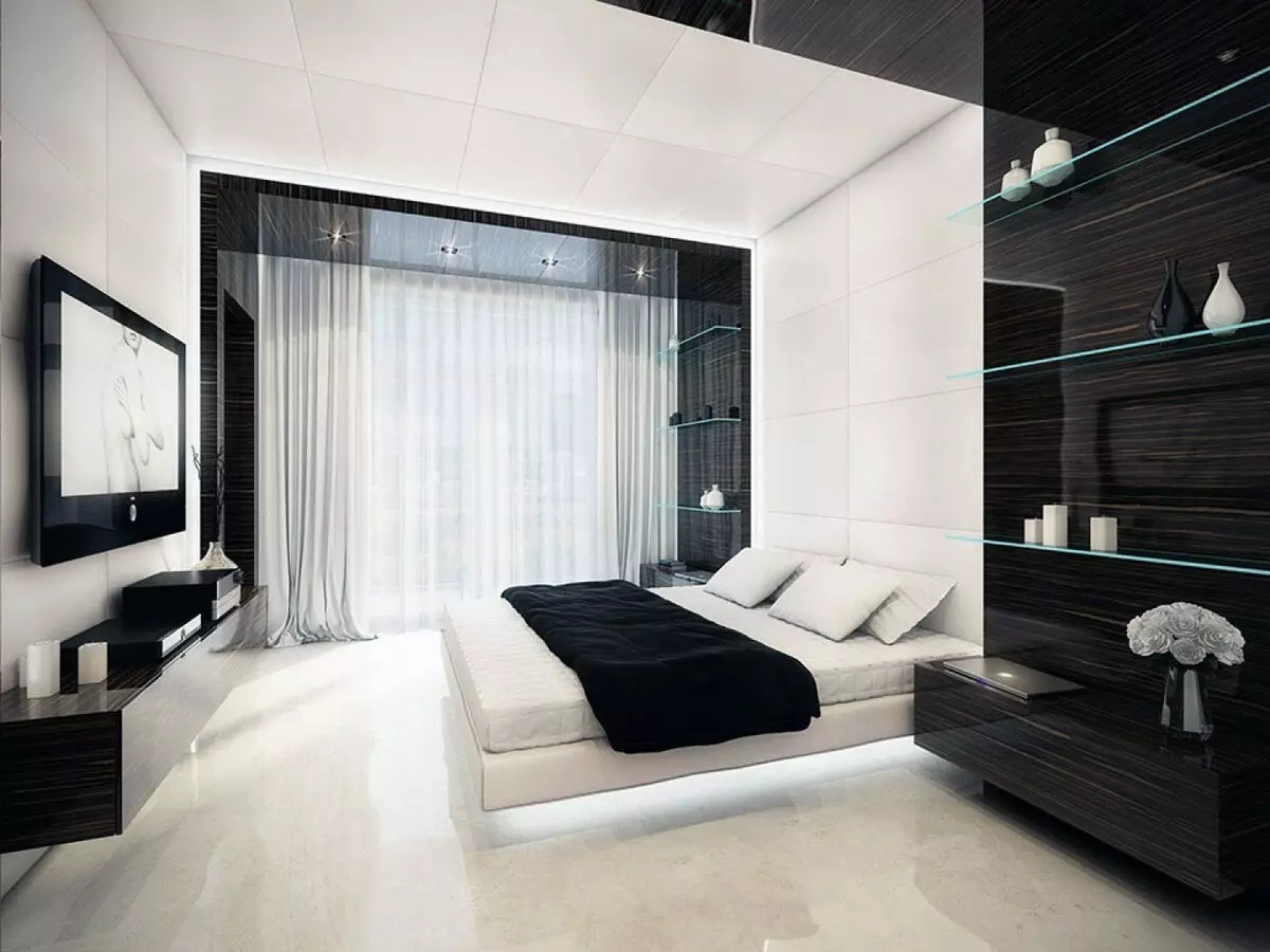 Črna in bela spalnica (76 fotografij): oblikovanje in notranjost stilov v črnih in belih tonih. Kakšne barve lahko zavese in ozadja? 9878_4