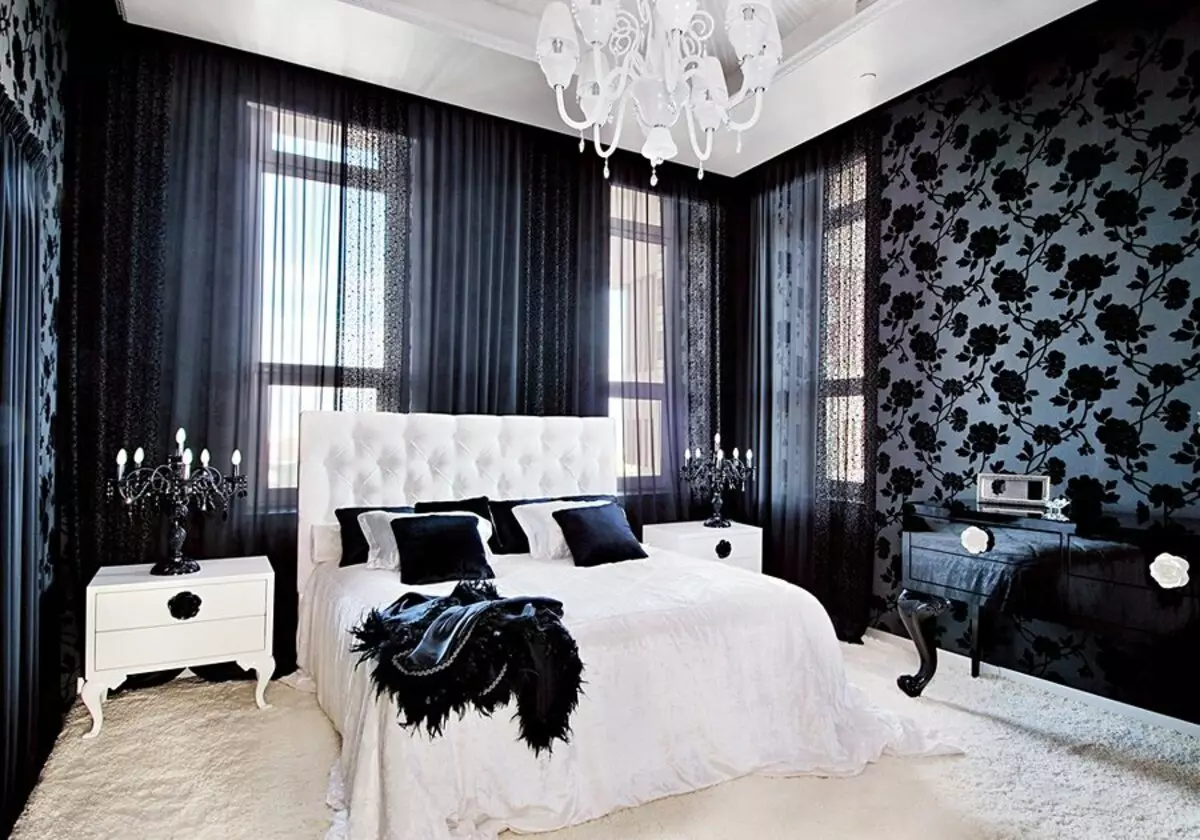 Zwart-wit slaapkamer (76 foto's): ontwerp en interieurstijlen in zwart-witte tonen. Welke kleur kan gordijnen en wallpapers? 9878_9