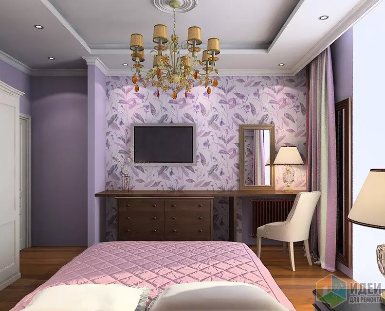 Lila-slaapkamer (95 foto's): Wat is die kleure van agtergrond en gordyne om te kies? Idees vir interieurontwerp, kombinasie met laventel en wit kleure. Watter meubels word gekombineer met? 9881_10