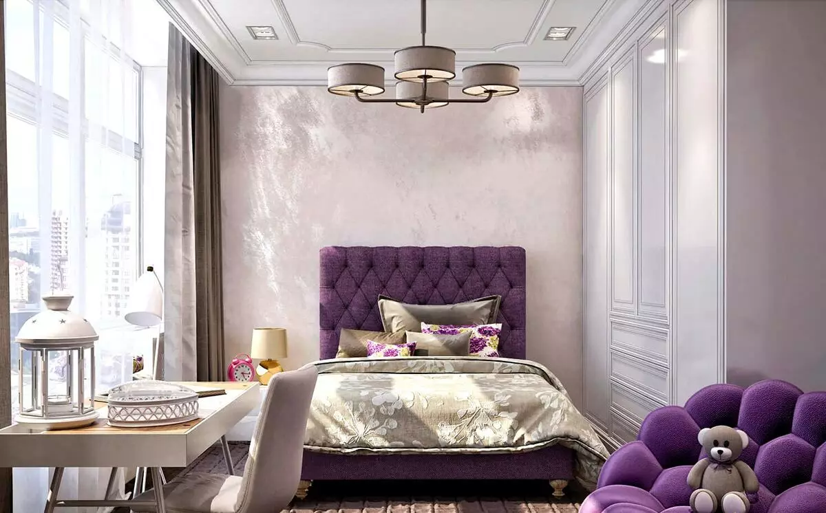 LILAC Dormitorio (95 fotos): Cales son os tons de fondo e cortinas para escoller? Ideas para deseño de interiores, combinación con lavanda e cores brancas. Que mobles se combinan con? 9881_21