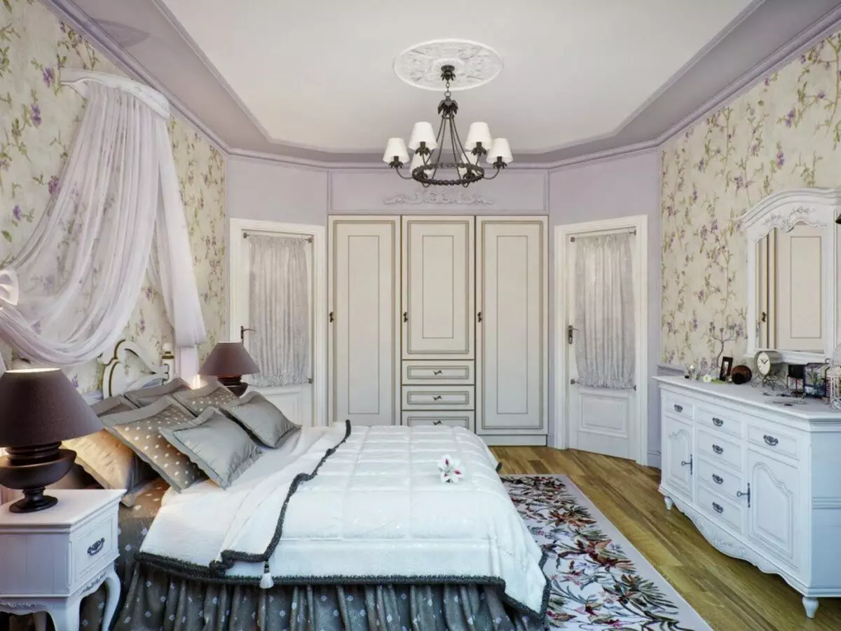 Lila-slaapkamer (95 foto's): Wat is die kleure van agtergrond en gordyne om te kies? Idees vir interieurontwerp, kombinasie met laventel en wit kleure. Watter meubels word gekombineer met? 9881_49