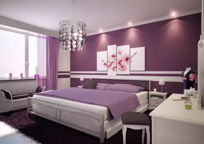 LILAC Dormitorio (95 fotos): Cales son os tons de fondo e cortinas para escoller? Ideas para deseño de interiores, combinación con lavanda e cores brancas. Que mobles se combinan con? 9881_52