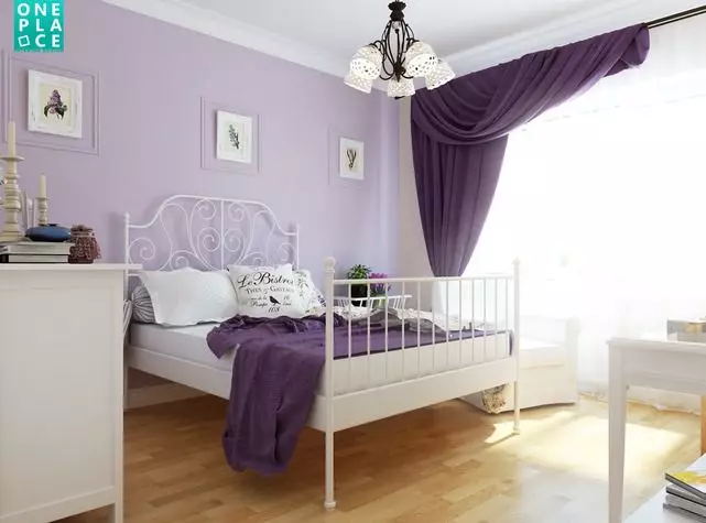 Lila-slaapkamer (95 foto's): Wat is die kleure van agtergrond en gordyne om te kies? Idees vir interieurontwerp, kombinasie met laventel en wit kleure. Watter meubels word gekombineer met? 9881_55