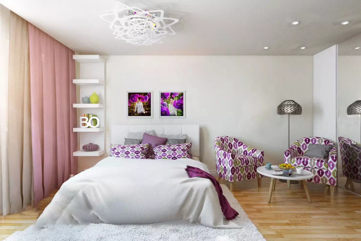 Lila-slaapkamer (95 foto's): Wat is die kleure van agtergrond en gordyne om te kies? Idees vir interieurontwerp, kombinasie met laventel en wit kleure. Watter meubels word gekombineer met? 9881_57