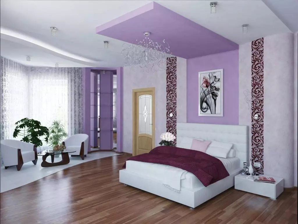 Lila-slaapkamer (95 foto's): Wat is die kleure van agtergrond en gordyne om te kies? Idees vir interieurontwerp, kombinasie met laventel en wit kleure. Watter meubels word gekombineer met? 9881_61