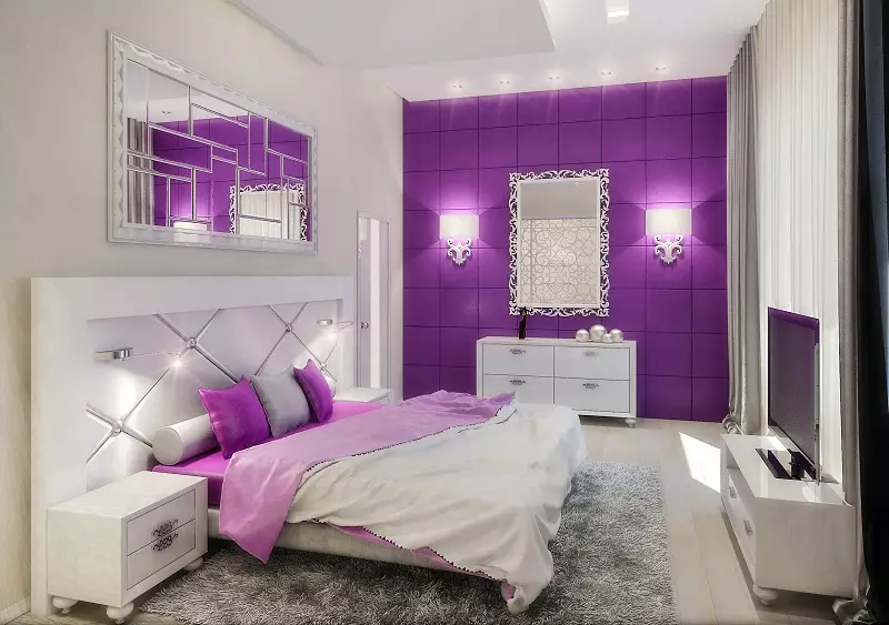 Lila-slaapkamer (95 foto's): Wat is die kleure van agtergrond en gordyne om te kies? Idees vir interieurontwerp, kombinasie met laventel en wit kleure. Watter meubels word gekombineer met? 9881_62