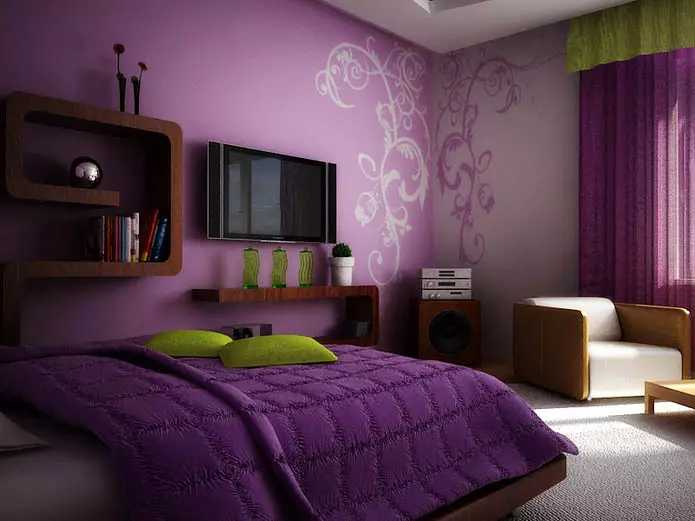 Lila-slaapkamer (95 foto's): Wat is die kleure van agtergrond en gordyne om te kies? Idees vir interieurontwerp, kombinasie met laventel en wit kleure. Watter meubels word gekombineer met? 9881_65