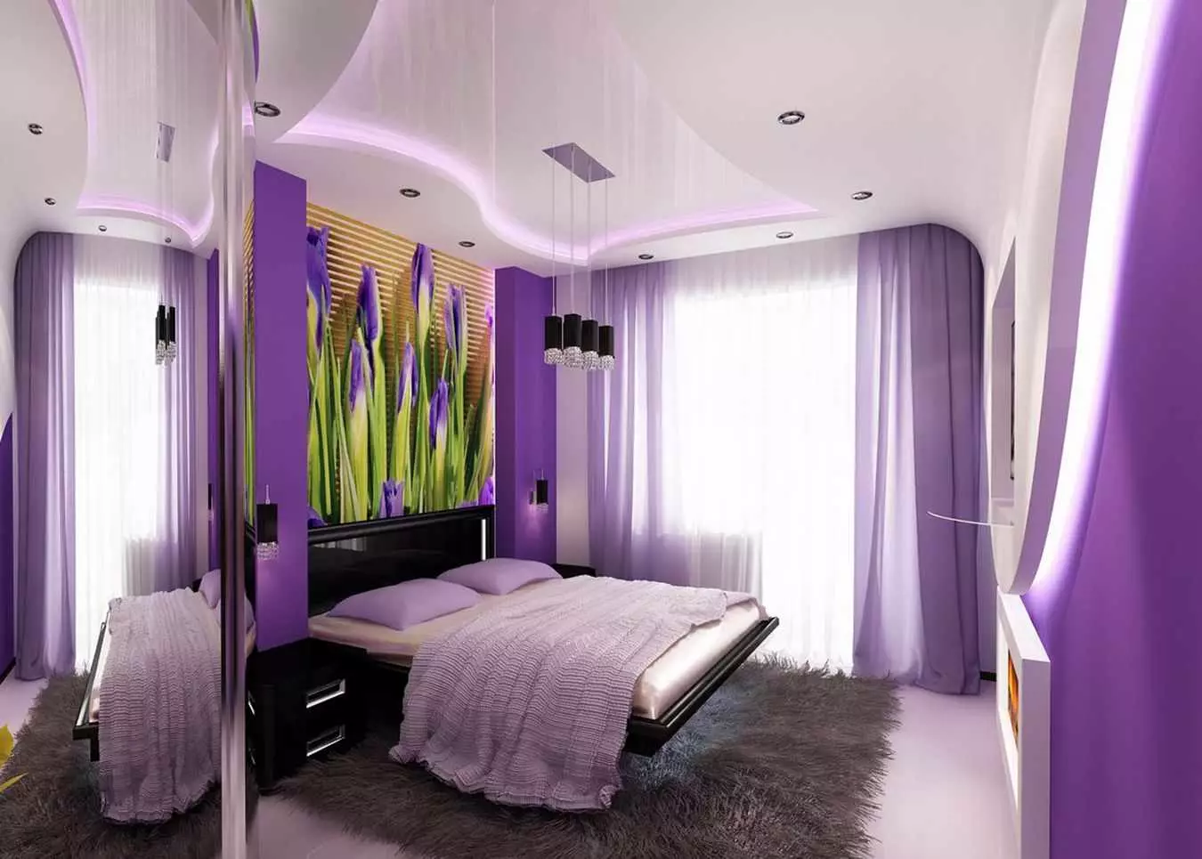 LILAC Dormitorio (95 fotos): Cales son os tons de fondo e cortinas para escoller? Ideas para deseño de interiores, combinación con lavanda e cores brancas. Que mobles se combinan con? 9881_69