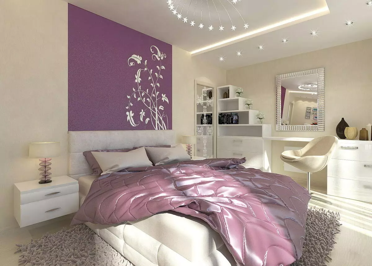 LILAC Dormitorio (95 fotos): Cales son os tons de fondo e cortinas para escoller? Ideas para deseño de interiores, combinación con lavanda e cores brancas. Que mobles se combinan con? 9881_70