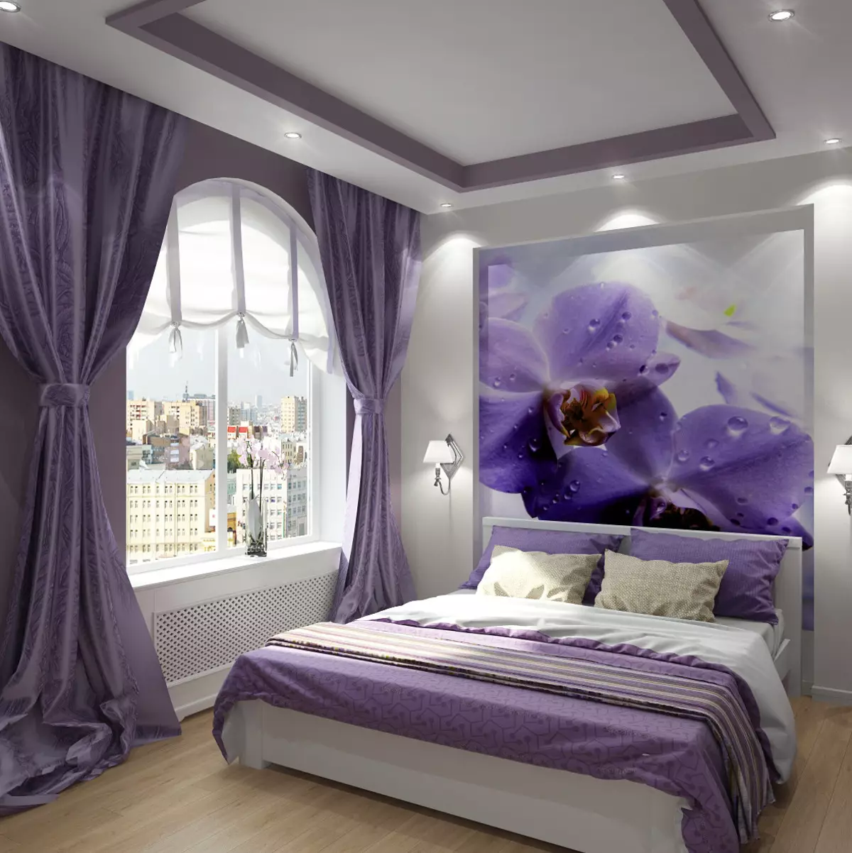 Lila-slaapkamer (95 foto's): Wat is die kleure van agtergrond en gordyne om te kies? Idees vir interieurontwerp, kombinasie met laventel en wit kleure. Watter meubels word gekombineer met? 9881_73