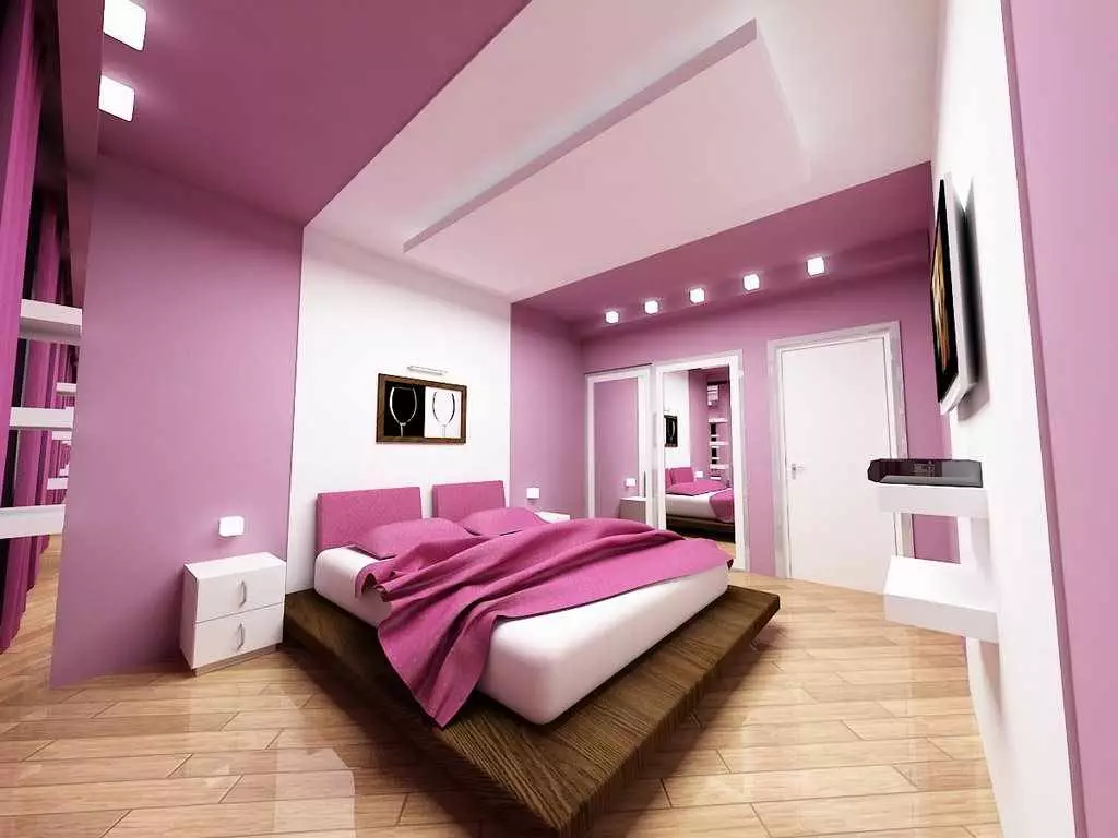 Lila-slaapkamer (95 foto's): Wat is die kleure van agtergrond en gordyne om te kies? Idees vir interieurontwerp, kombinasie met laventel en wit kleure. Watter meubels word gekombineer met? 9881_75