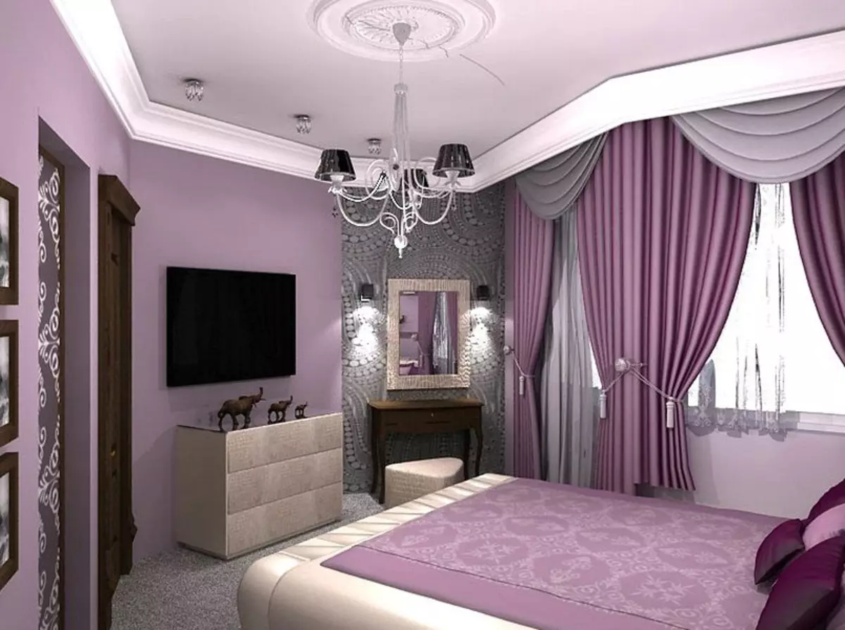 LILAC Dormitorio (95 fotos): Cales son os tons de fondo e cortinas para escoller? Ideas para deseño de interiores, combinación con lavanda e cores brancas. Que mobles se combinan con? 9881_77