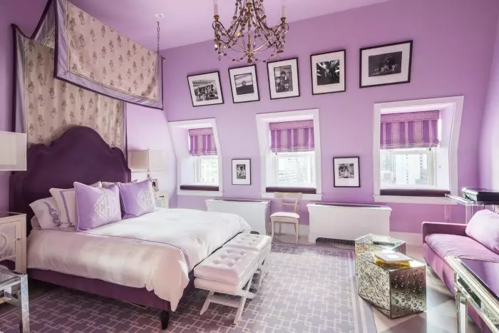 LILAC Dormitorio (95 fotos): Cales son os tons de fondo e cortinas para escoller? Ideas para deseño de interiores, combinación con lavanda e cores brancas. Que mobles se combinan con? 9881_8