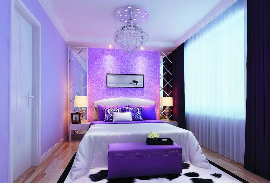 Lila-slaapkamer (95 foto's): Wat is die kleure van agtergrond en gordyne om te kies? Idees vir interieurontwerp, kombinasie met laventel en wit kleure. Watter meubels word gekombineer met? 9881_81