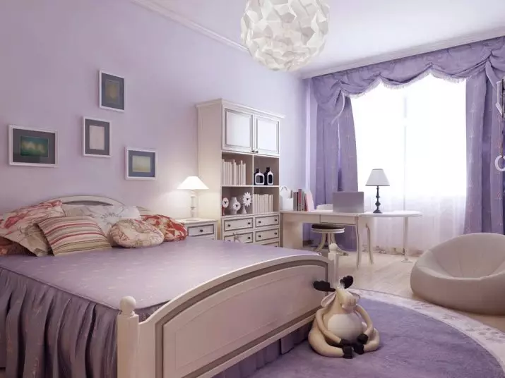 Lila-slaapkamer (95 foto's): Wat is die kleure van agtergrond en gordyne om te kies? Idees vir interieurontwerp, kombinasie met laventel en wit kleure. Watter meubels word gekombineer met? 9881_94