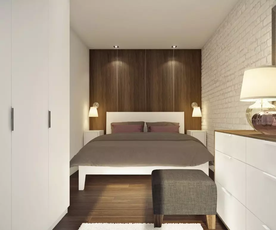 Das Design von kleinen Schlafzimmern von 5-6 Quadratmetern. M (77 Fotos): Eigenschaften des Zimmerinnenraums mit einem Fenster in einem modernen Stil. Wie wählt man eine 2x3-Raum-Tapete aus? 9884_15