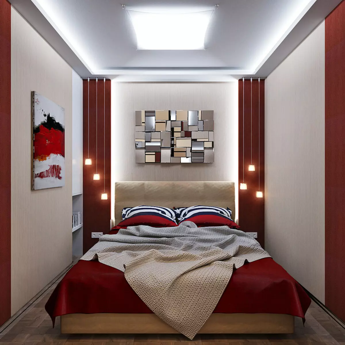 Das Design von kleinen Schlafzimmern von 5-6 Quadratmetern. M (77 Fotos): Eigenschaften des Zimmerinnenraums mit einem Fenster in einem modernen Stil. Wie wählt man eine 2x3-Raum-Tapete aus? 9884_30