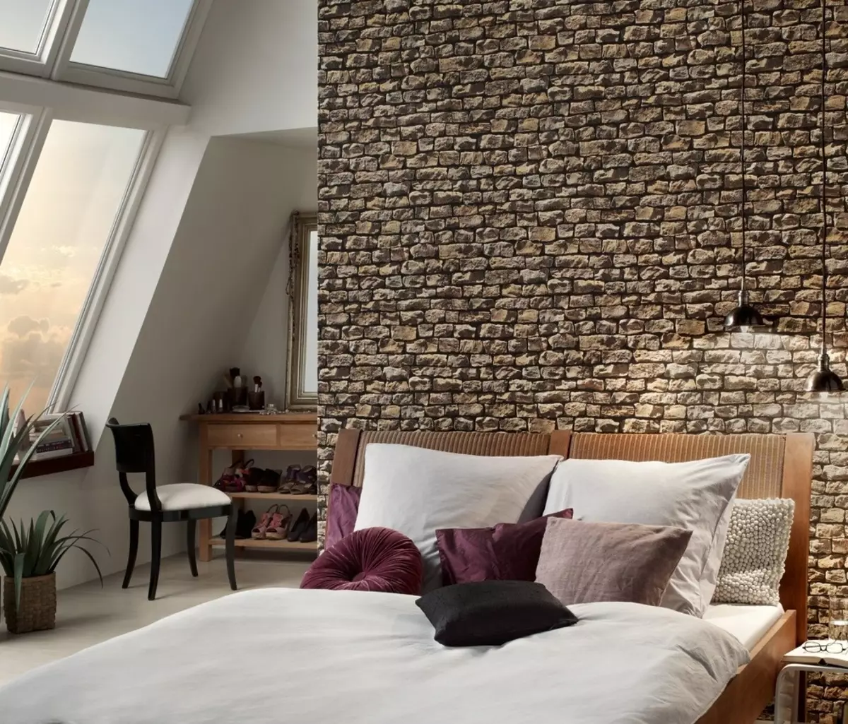 Dormitorul de decorare (63 poze): decoratiuni de perete cu lemn si clase, ziduri din caramida din piatra decorativa si gresie in dormitoare interioare din apartament, alte optiuni 9886_22